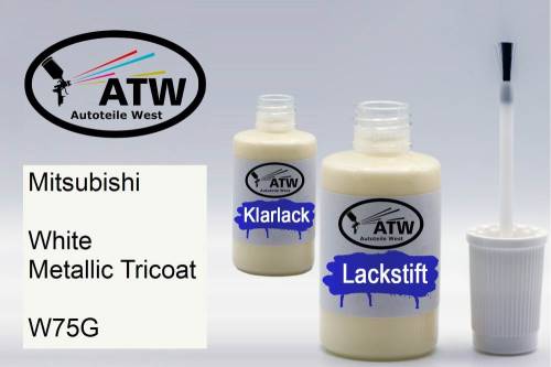 Mitsubishi, White Metallic Tricoat, W75G: 20ml Lackstift + 20ml Klarlack - Set, von ATW Autoteile West.